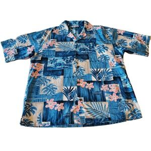 Malihini Hawaii Hawaiian Shirt L Blue Floral  Polynesian Adventure Tours Vtg EUC